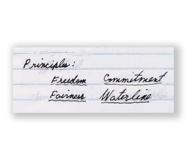 Uma imagem mostrando os quatro princípios da Gore - Liberdade, Honestidade, Compromisso e Linha d&#39;água
