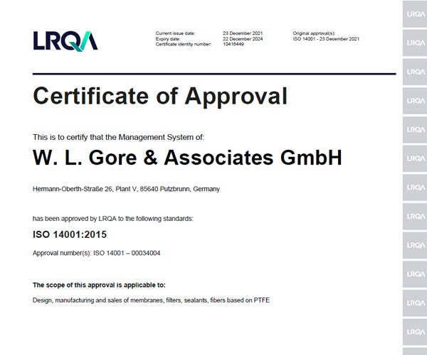 A primeira página do certificado ISO14001.