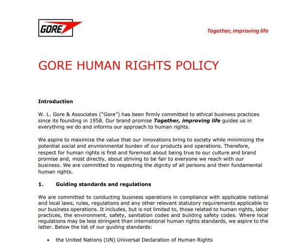 First page of the Gore Human Rights Policy